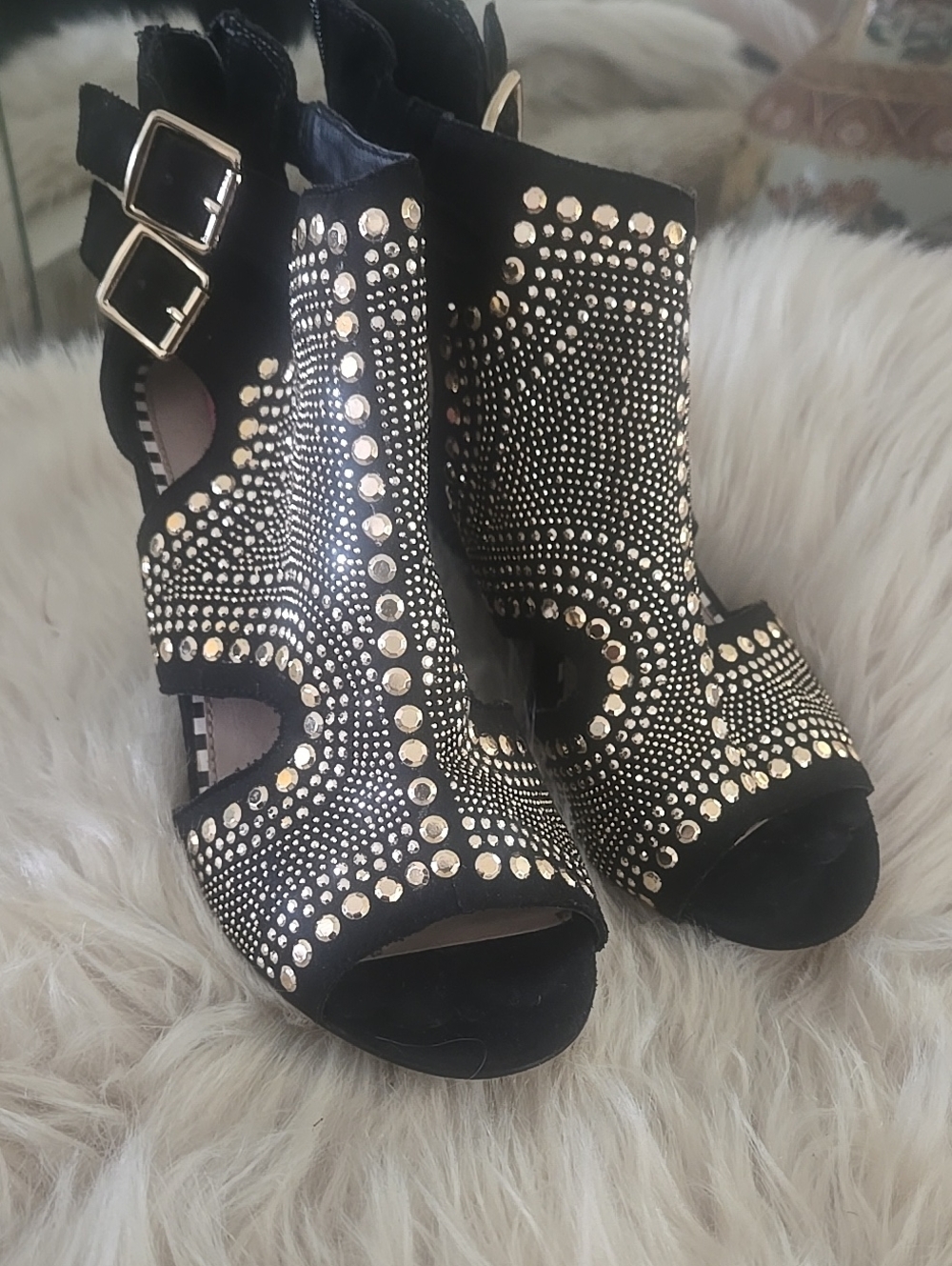 Betsey Johnson Black Heeled Sandals with Gold Stud Detailing